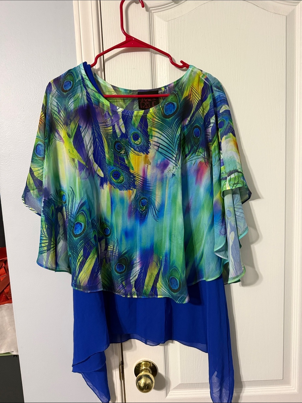 Layered Peacock-Print Chiffon Tunic — Blue/Green XL